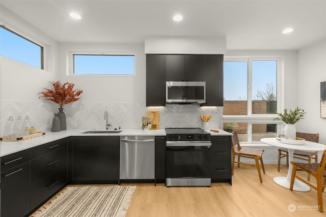 kitchen featuring stainless steel appliances, sink, backsplash, and light hardwood / wood-style floors