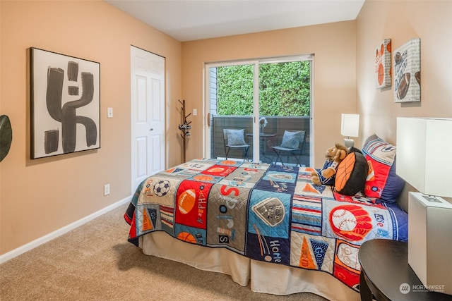 bedroom with access to outside, baseboards, and carpet floors