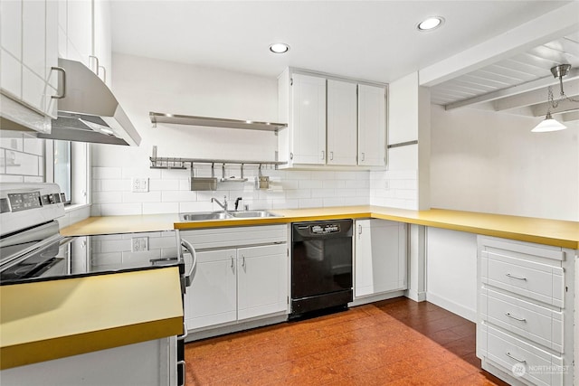 kitchen with stainless steel electric range oven, range hood, dishwasher, white cabinetry, and sink