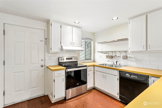 kitchen with stainless steel electric range oven, dishwasher, and white cabinets