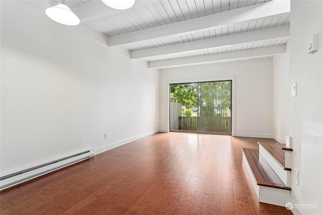 spare room featuring beamed ceiling, hardwood / wood-style floors, wooden ceiling, and baseboard heating