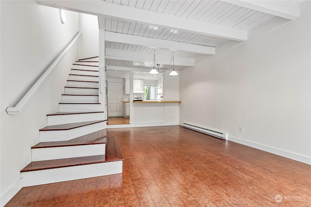 staircase featuring hardwood / wood-style floors, beam ceiling, and baseboard heating