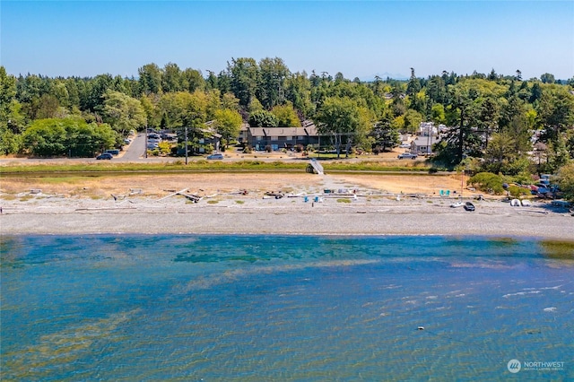 drone / aerial view featuring a water view and a beach view