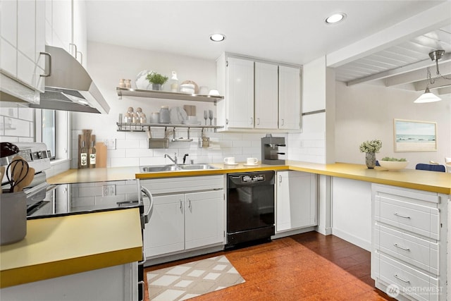 kitchen featuring white cabinetry, dishwasher, sink, decorative backsplash, and electric stove