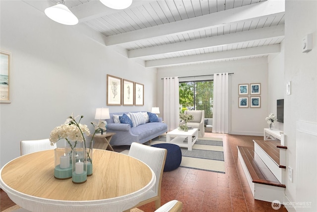 living room featuring beam ceiling, dark hardwood / wood-style flooring, and wooden ceiling