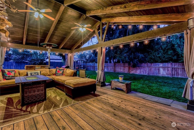 deck featuring an outdoor living space, a gazebo, a yard, and ceiling fan