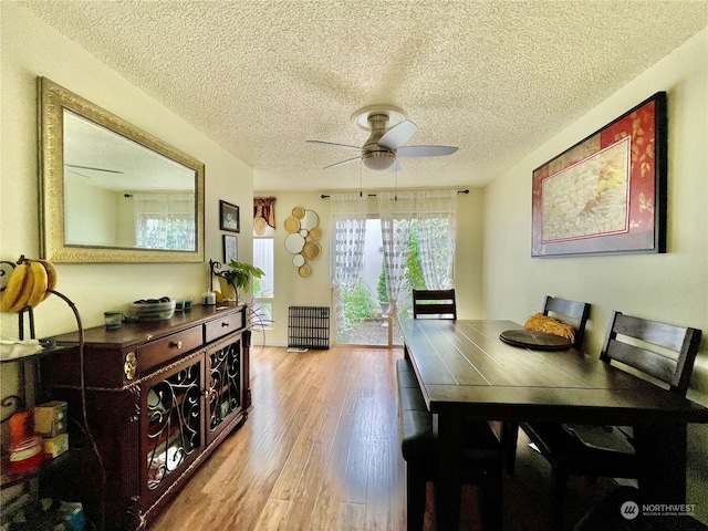 dining space with a textured ceiling, light hardwood / wood-style flooring, and ceiling fan