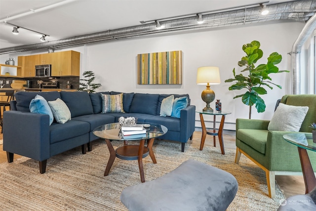 living room featuring a baseboard radiator, track lighting, and wood-type flooring