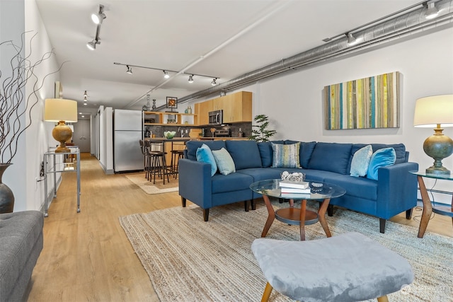 living room featuring track lighting and light hardwood / wood-style flooring