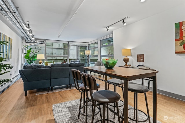 dining space featuring light wood-type flooring, expansive windows, and rail lighting