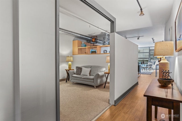 corridor featuring rail lighting and hardwood / wood-style flooring