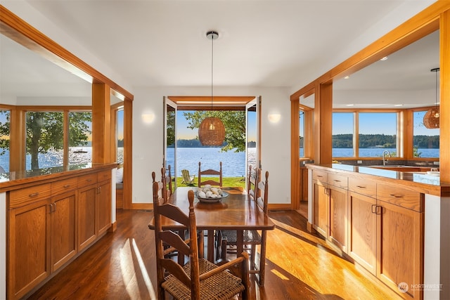 dining space featuring a water view, hardwood / wood-style floors, and a wealth of natural light