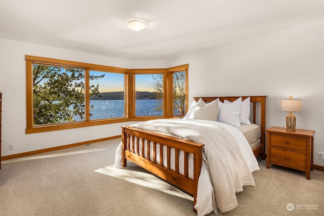 carpeted bedroom featuring a water view