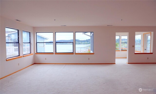 unfurnished room featuring a water view, light colored carpet, and a healthy amount of sunlight