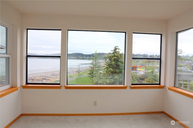 empty room featuring light carpet, a water view, and baseboards