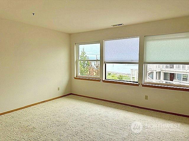 empty room featuring carpet, visible vents, and baseboards