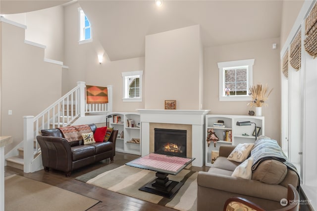 living room featuring a towering ceiling and hardwood / wood-style flooring