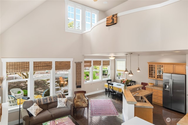 living room featuring high vaulted ceiling, dark wood-type flooring, a healthy amount of sunlight, and sink