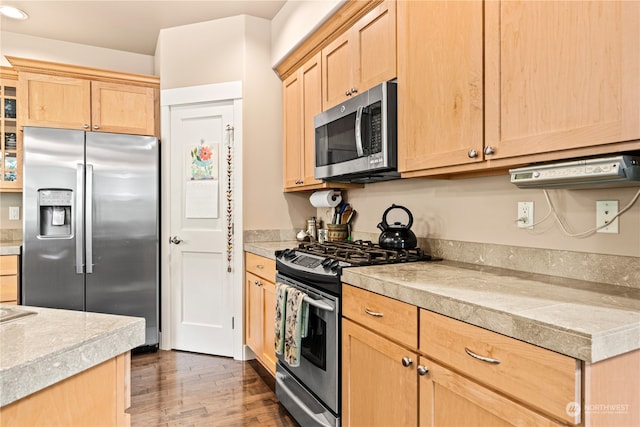 kitchen featuring dark wood-type flooring, stainless steel appliances, and light brown cabinetry