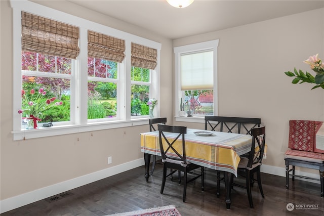 dining area featuring dark hardwood / wood-style flooring and a healthy amount of sunlight