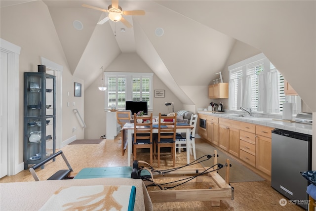 office featuring lofted ceiling, sink, and ceiling fan