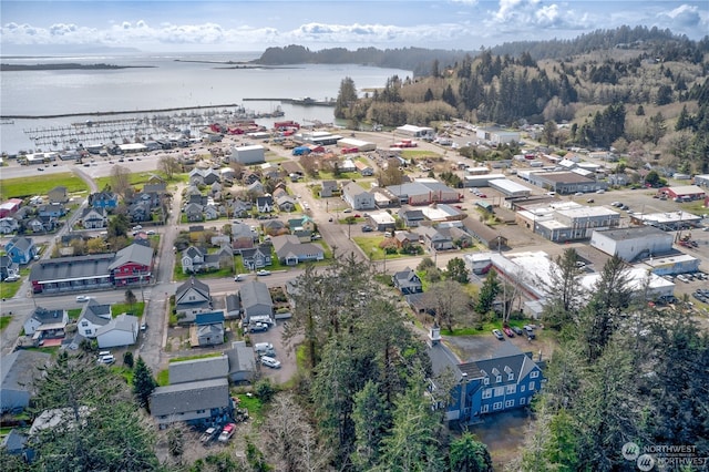 drone / aerial view featuring a water view