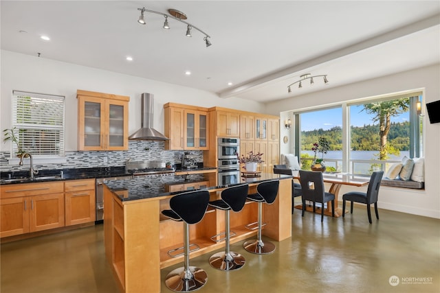 kitchen featuring decorative backsplash, stainless steel appliances, sink, wall chimney range hood, and a kitchen island