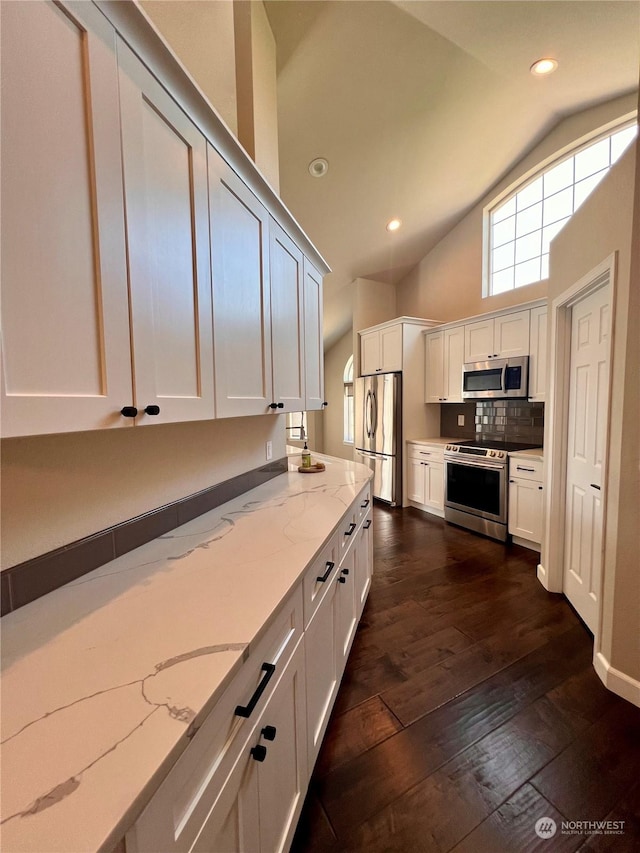 kitchen featuring appliances with stainless steel finishes, white cabinetry, dark hardwood / wood-style flooring, decorative backsplash, and light stone counters