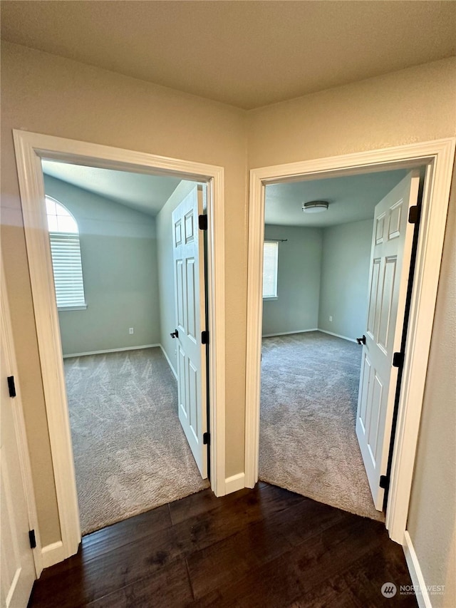 corridor with a wealth of natural light, vaulted ceiling, and dark colored carpet