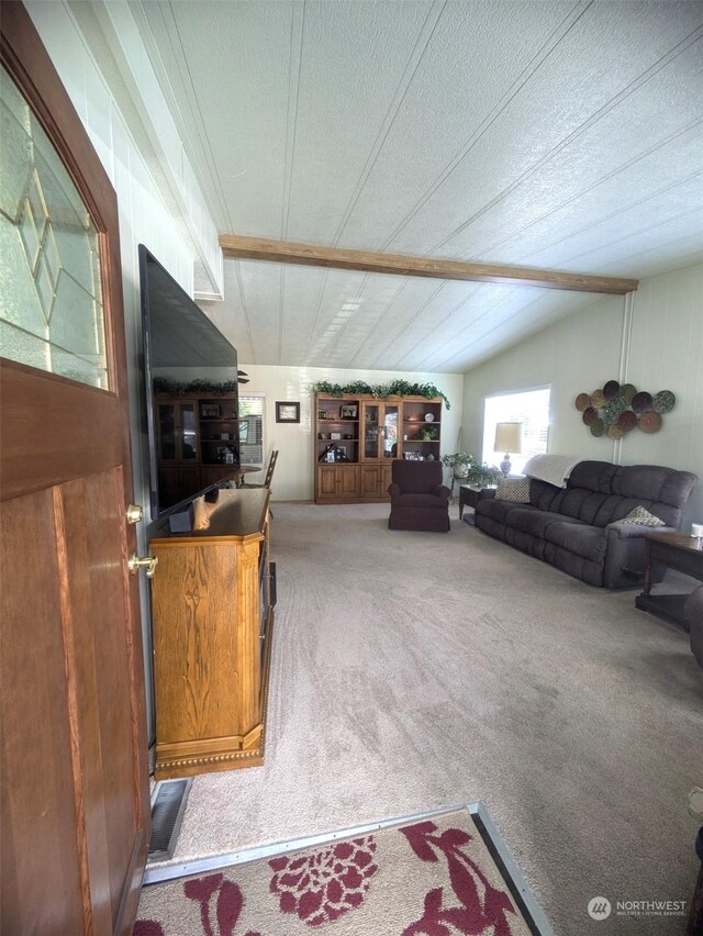 living room featuring lofted ceiling, carpet, and a textured ceiling