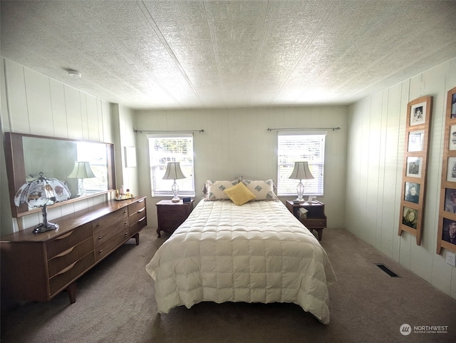 bedroom featuring multiple windows, carpet flooring, and a textured ceiling