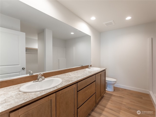 bathroom with toilet, vanity, and wood-type flooring