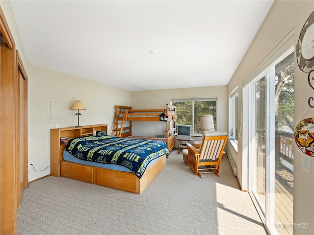 bedroom featuring access to outside, carpet, and a closet