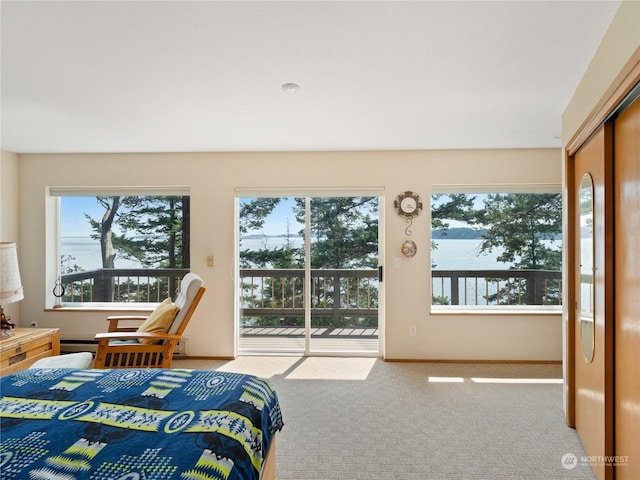 carpeted bedroom with a water view, access to exterior, baseboards, and a closet