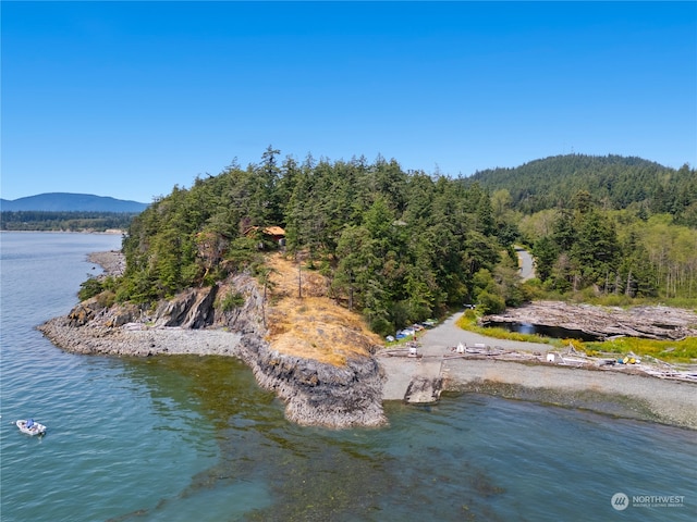 bird's eye view with a water and mountain view