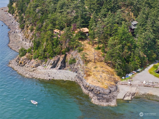 bird's eye view with a water view