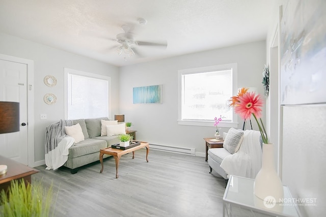 living room featuring ceiling fan, baseboard heating, and hardwood / wood-style floors