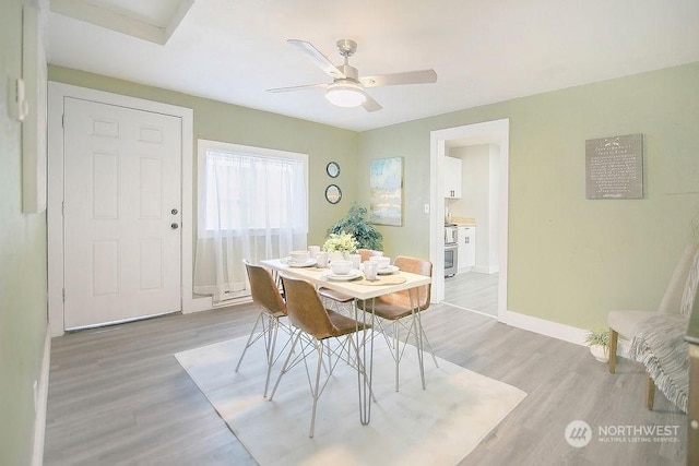 317 2nd Ave NW, Kelso, WA 98626 - dining room with ceiling fan, light wood-type flooring, and baseboards