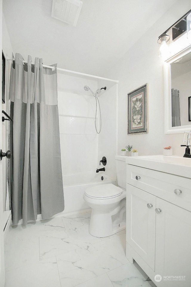 317 2nd Ave NW, Kelso, WA 98626 - bathroom featuring vanity, visible vents, toilet, marble finish floor, and shower / tub combo with curtain