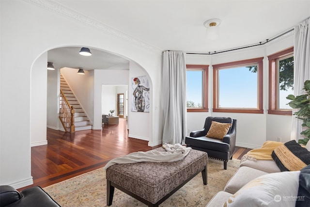 living room featuring ornamental molding and hardwood / wood-style floors