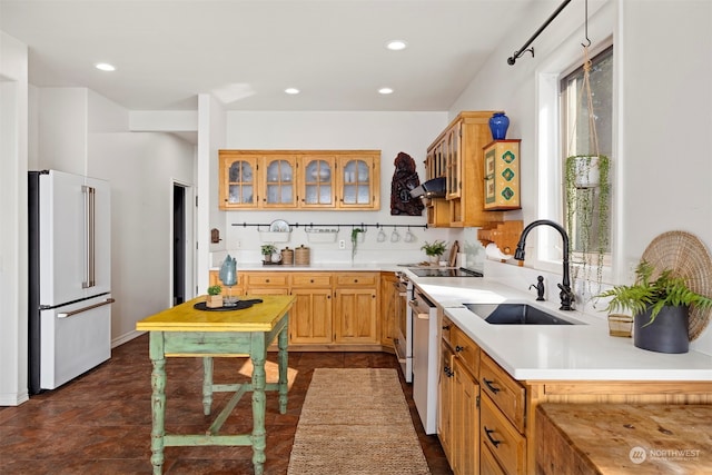 kitchen with decorative backsplash, high end white fridge, a healthy amount of sunlight, and sink