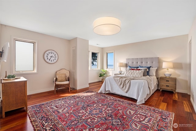 bedroom featuring multiple windows and dark hardwood / wood-style floors