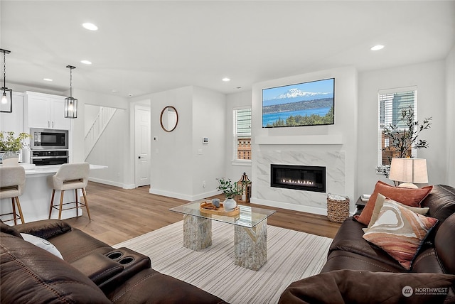 living room featuring a fireplace, light hardwood / wood-style flooring, and a healthy amount of sunlight