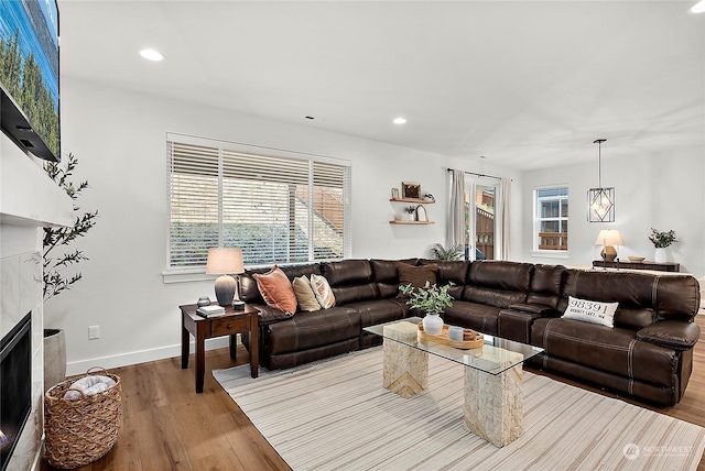 living room with light hardwood / wood-style flooring