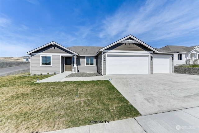 single story home featuring a garage and a front lawn