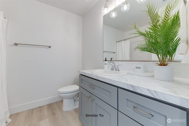 bathroom with vanity, toilet, and hardwood / wood-style floors