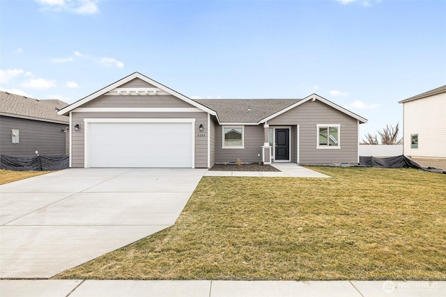 single story home featuring a garage, concrete driveway, a front lawn, and a shingled roof