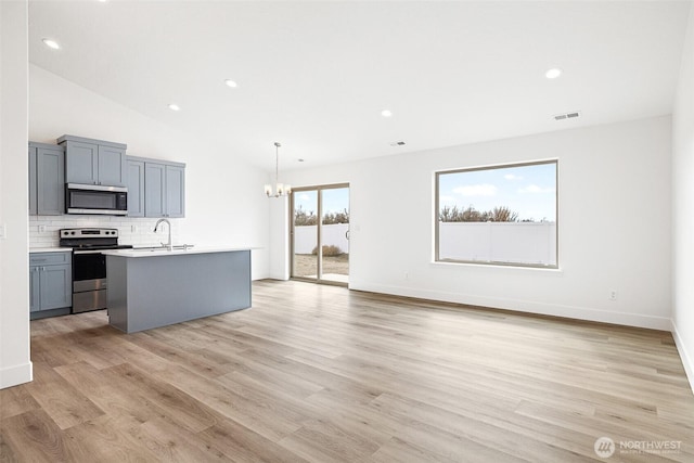 kitchen with light wood finished floors, tasteful backsplash, light countertops, appliances with stainless steel finishes, and a chandelier