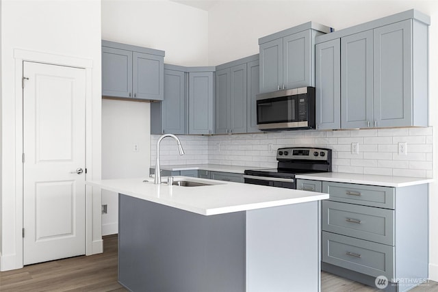 kitchen featuring light wood-style flooring, appliances with stainless steel finishes, gray cabinets, and a sink