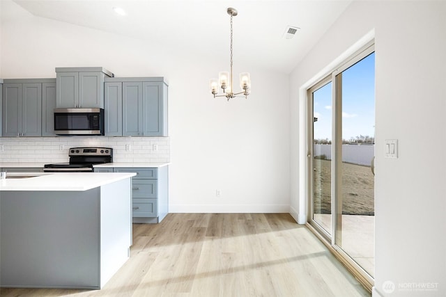 kitchen with appliances with stainless steel finishes, light countertops, light wood-type flooring, pendant lighting, and backsplash